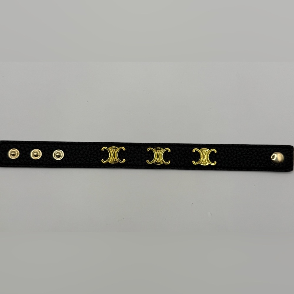 Luxury Black leather bracelet with gold-tone Cel logo snap closure New - Picture 2 of 9